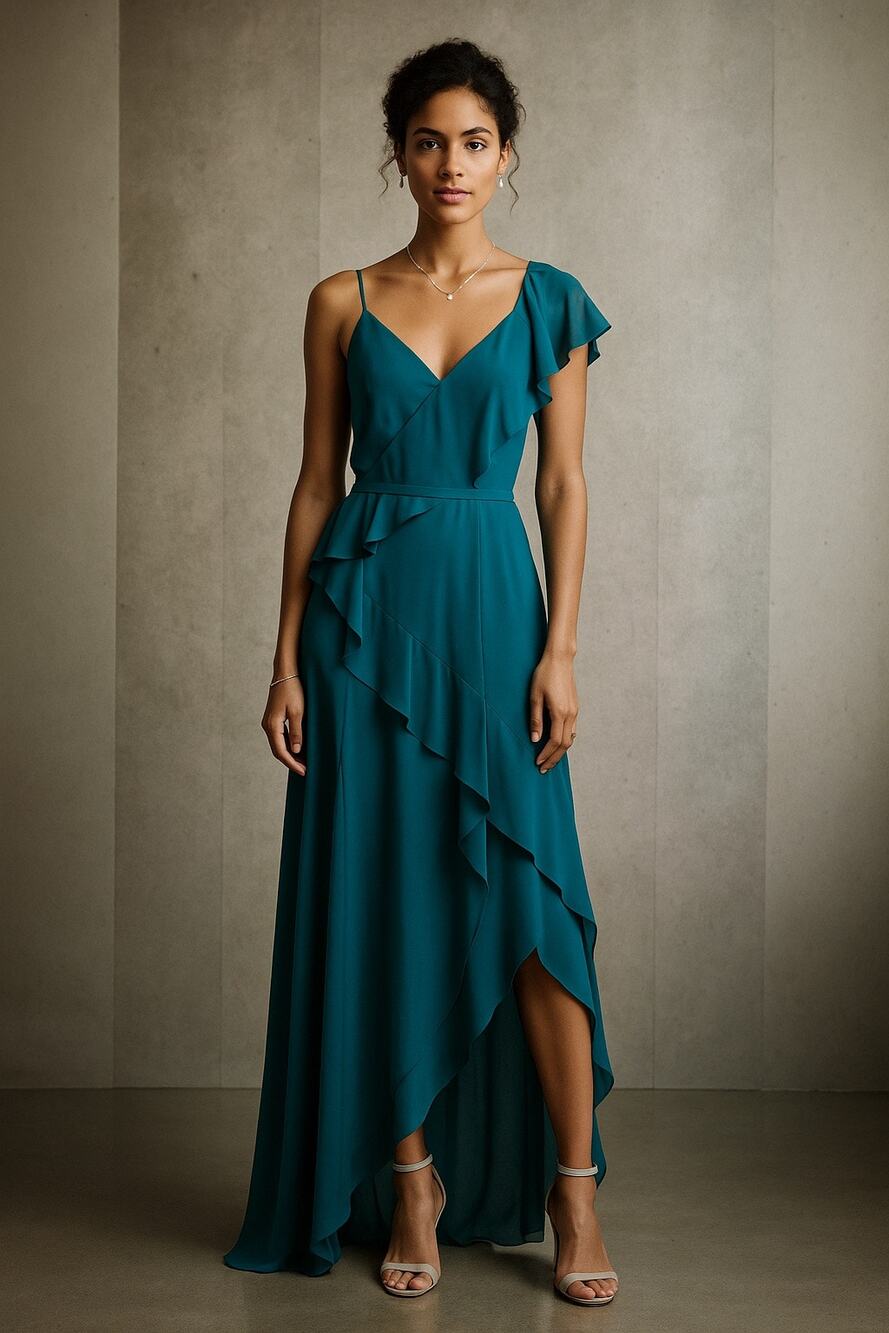 Vera Wang White Collection Gem Style 360531 Teal Ruffle Gown | Bridesmaid 4